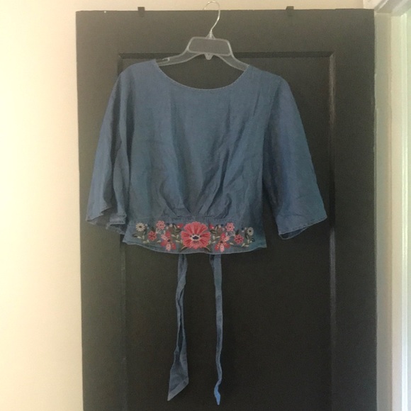 Embroidered Denim Crop Top - Picture 1 of 3